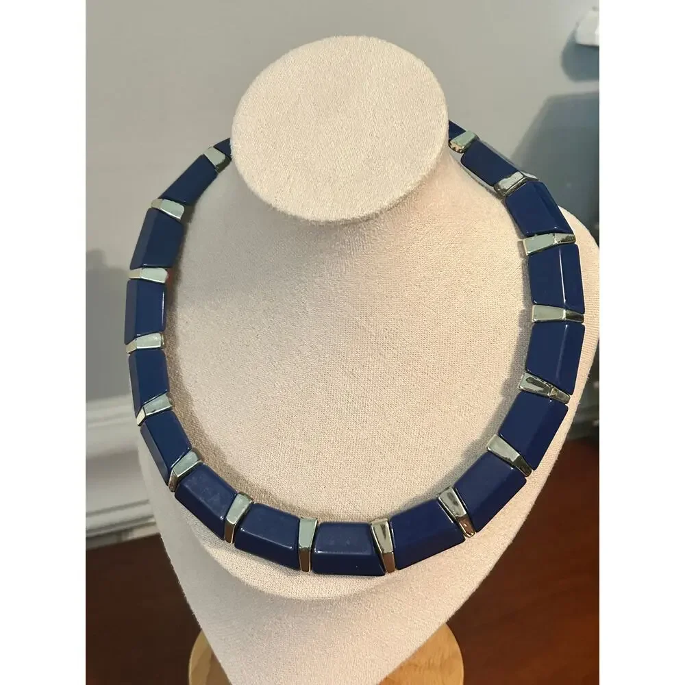 Vintage Cobalt Blue Lucite Panel Collar Necklace Gold Tone Mid Century Retro
